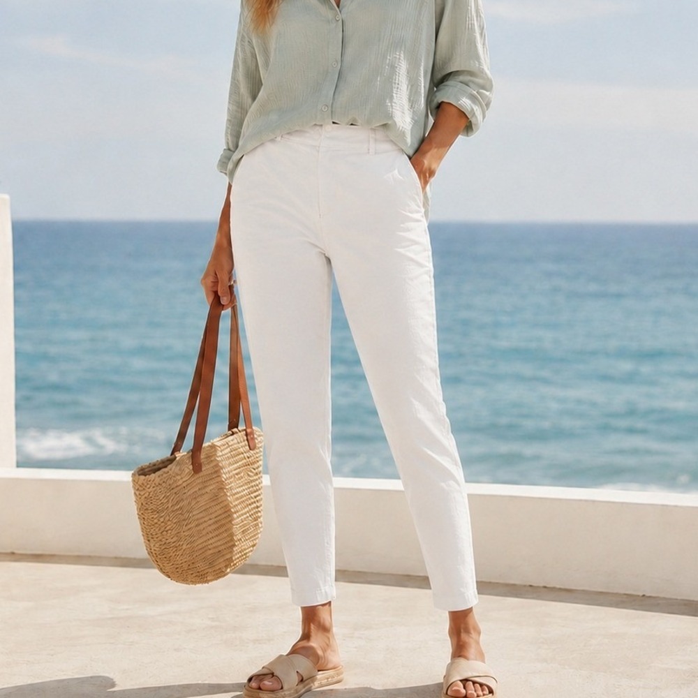 Caslon Women White Cotton Stretch Chino Pants Slim Tapered Trousers 8 Prep Beach